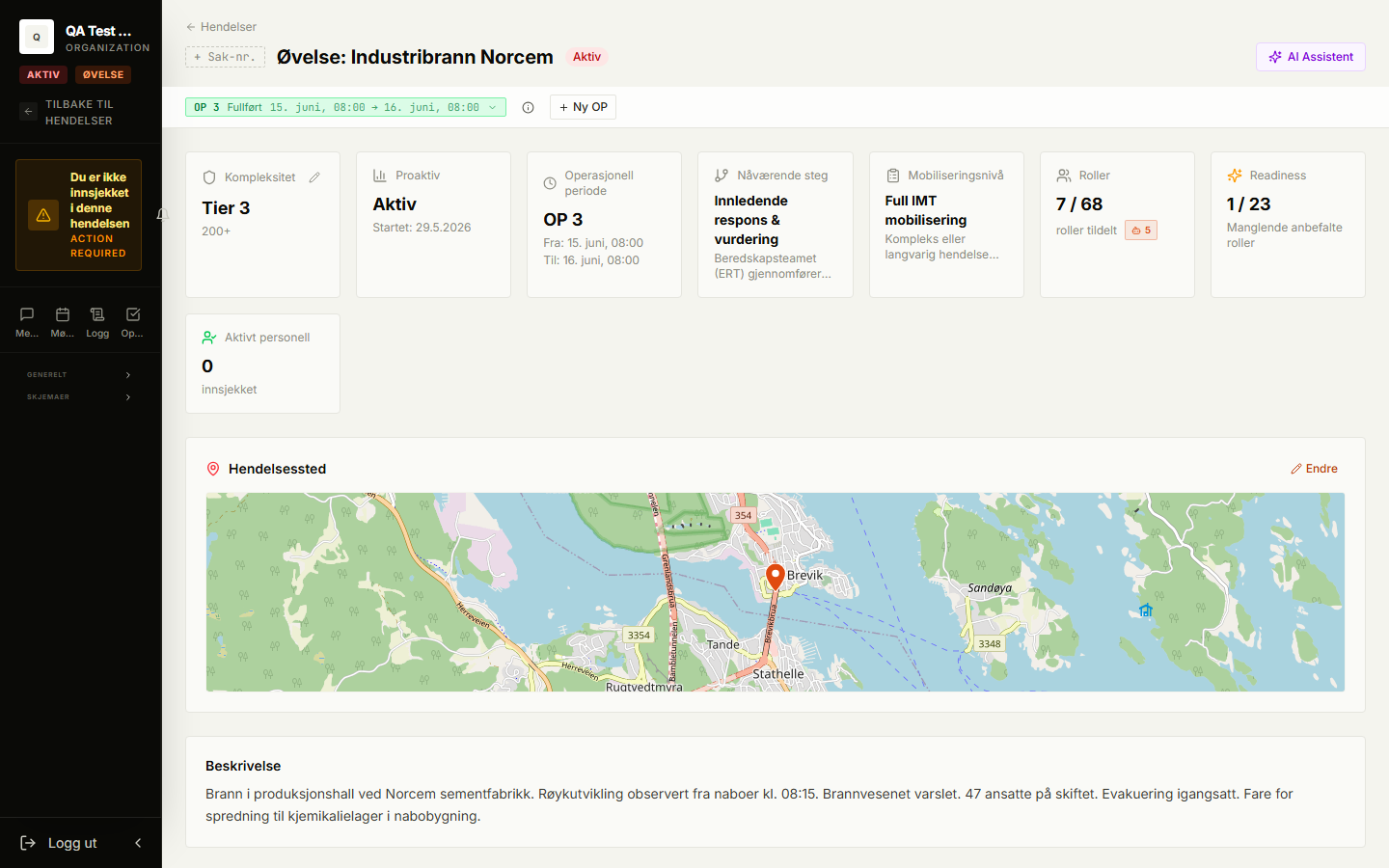DICP hendelsesoversikt med status, operasjonsperiode og kart